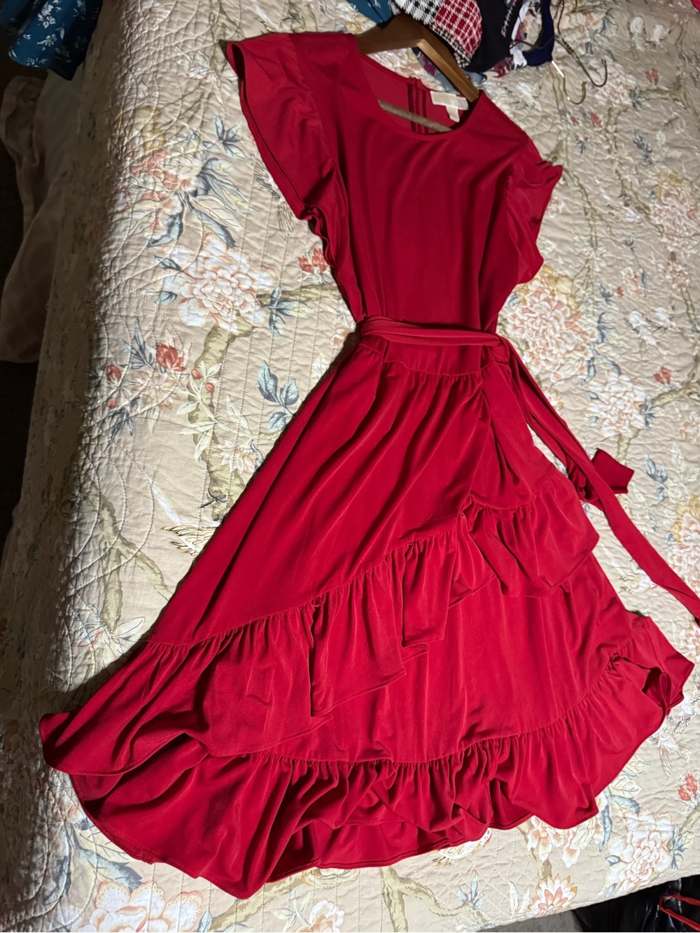 MICHAEL Michael Kors Crimson Ruffle Maxi Dress with Tie Waist